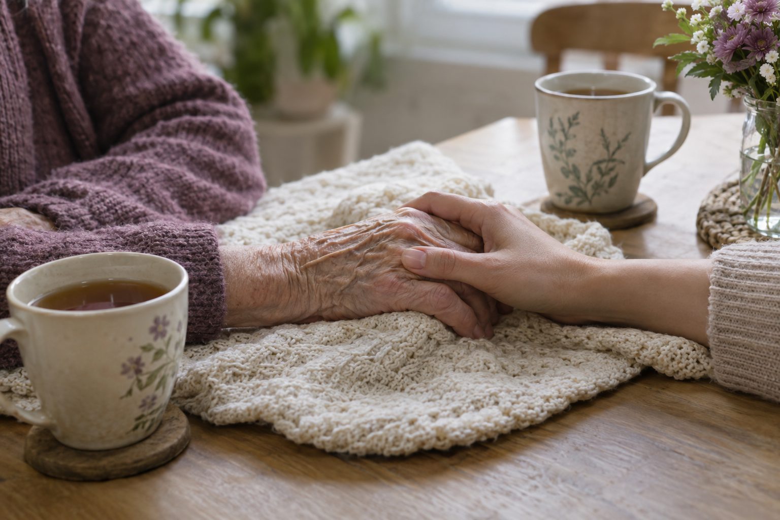 A daughter's hand gently holding her elderly mother's hand on a knit blanket beside two cups of tea