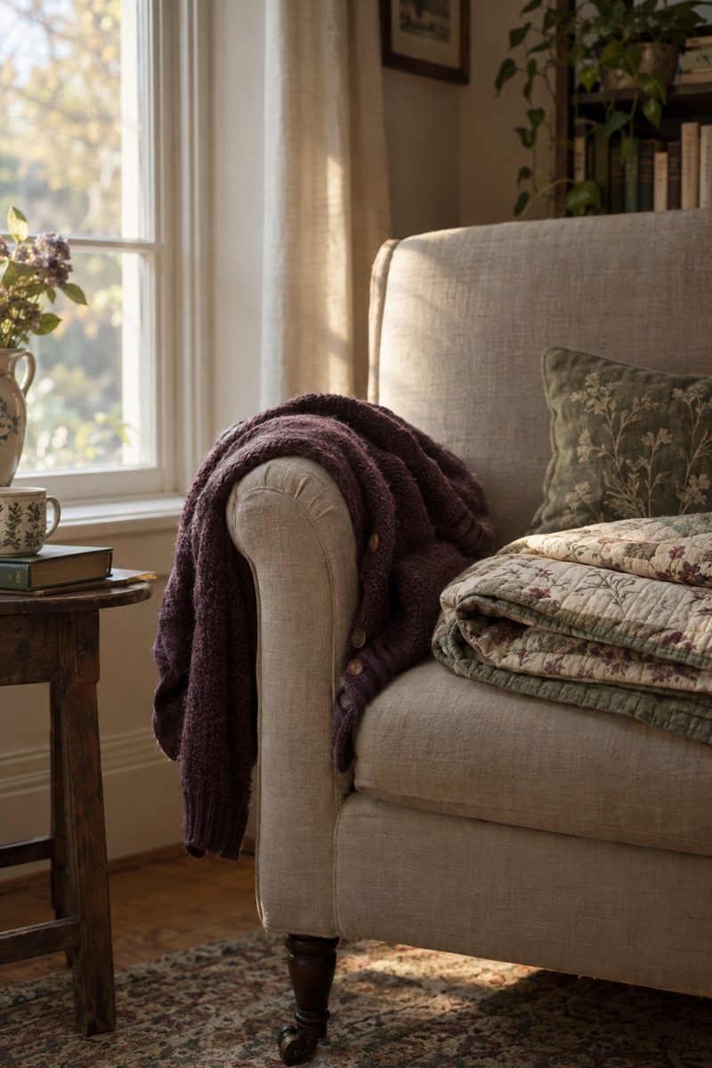 An armchair by a sunlit window with a plum cardigan draped over it